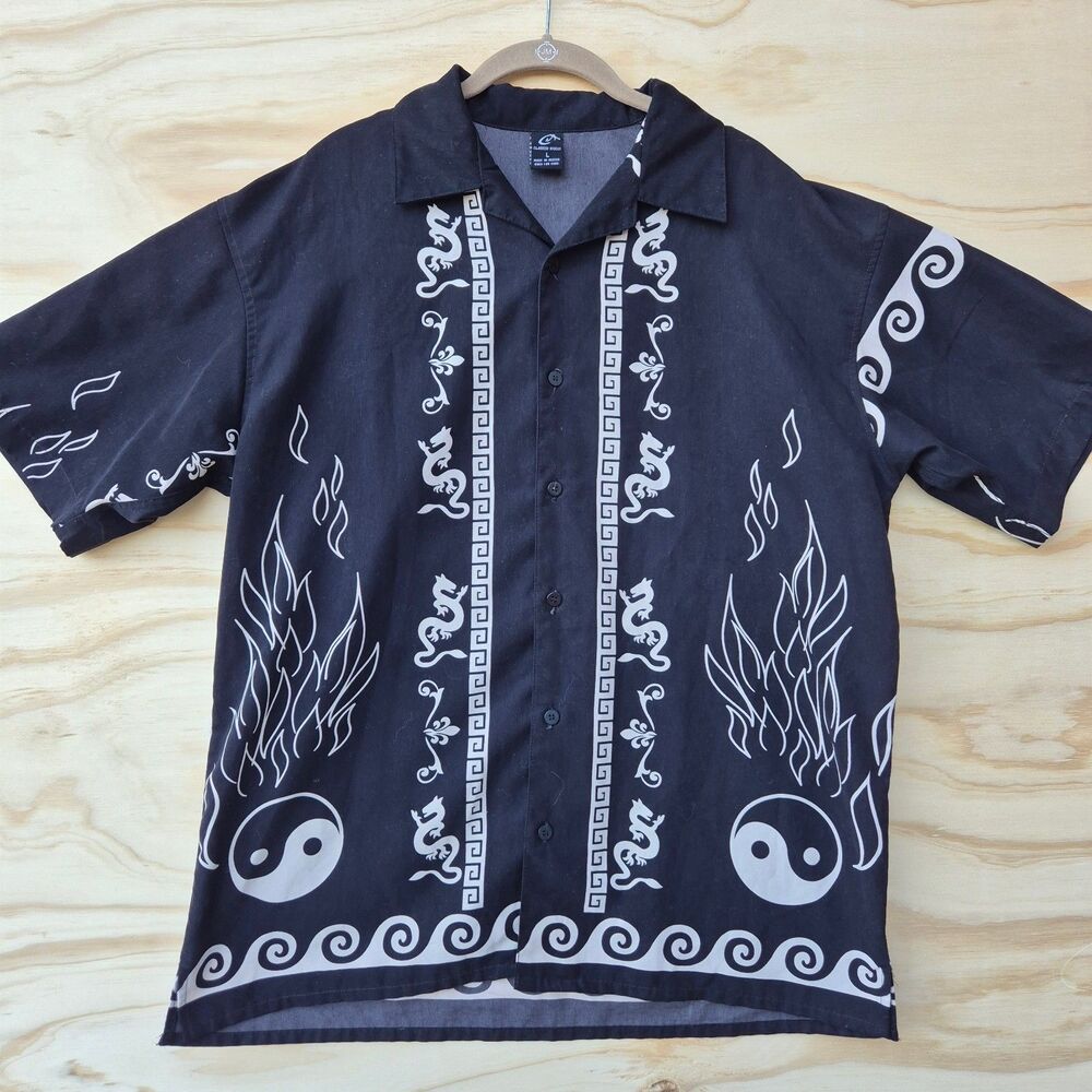Claudio Nucci Mens L Black Dragon Yin Yang Flame Tribal Button Up Shirt Y2K
